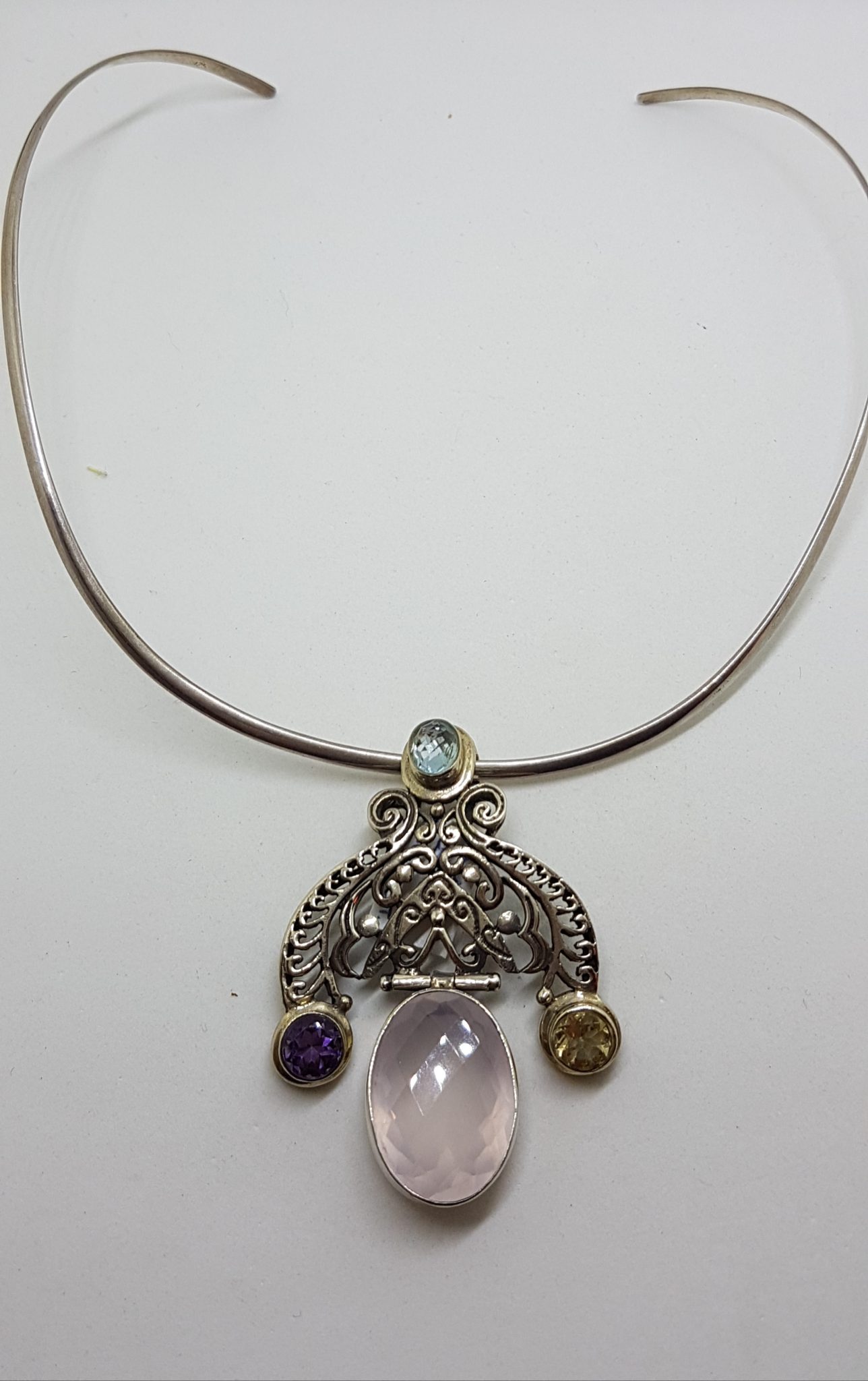Sterling Silver Rose Quartz , Citrine, Amethyst and Topaz Pendant on Choker