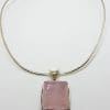 Sterling Silver Large Square Rose Quartz Pendant on Silver Choker Necklace / Chain