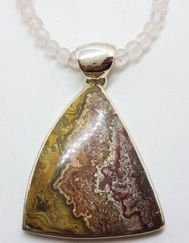 Sterling Silver Large Triangular Pendant on Rose Quartz Bead Chain