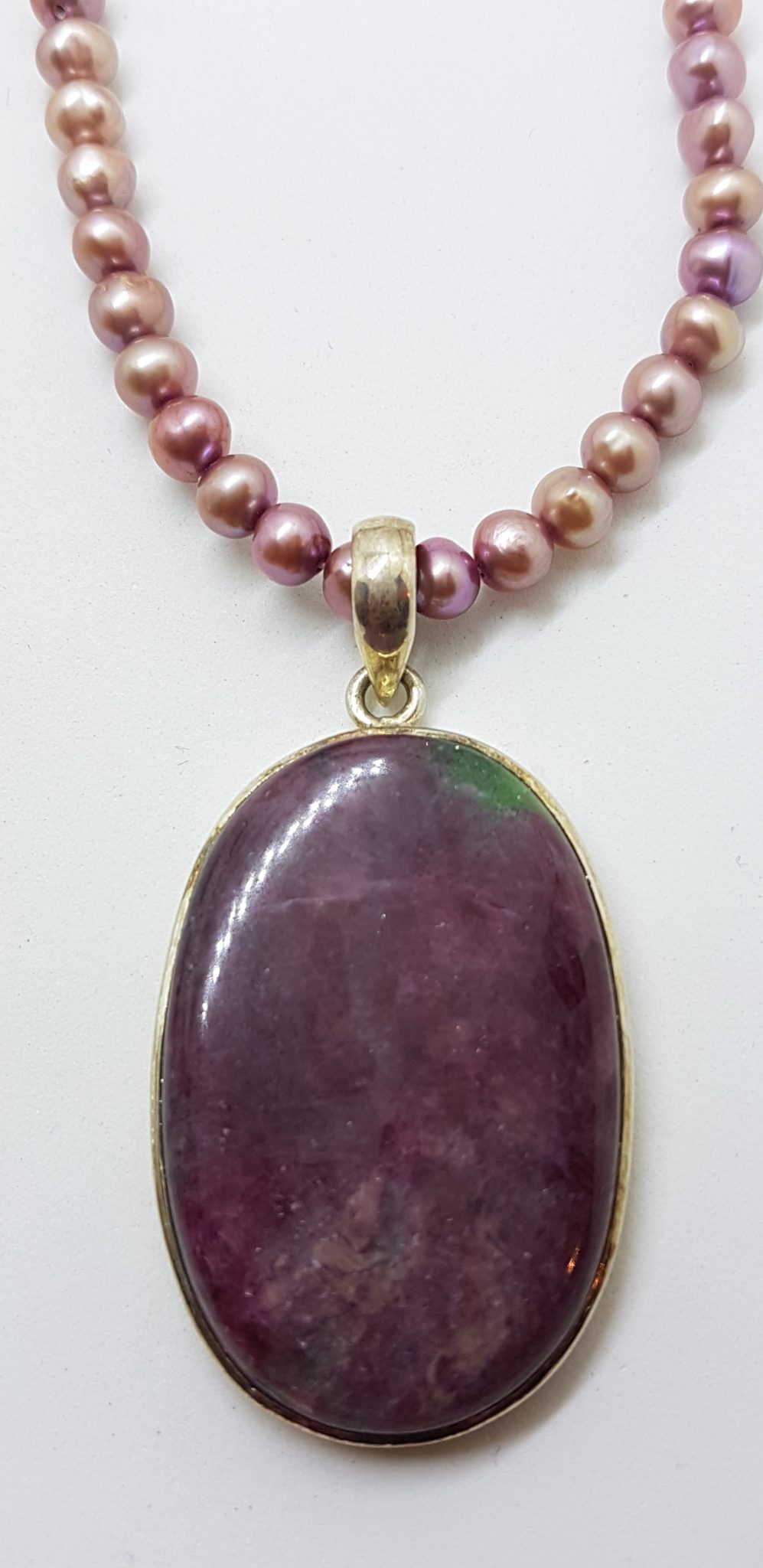 20200827_211200 Sterling Silver Large Oval Ruby Zoisite Pendant on Pink Pearl Necklace