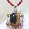 Sterling Silver Large Ornate Multi-Colour Tourmaline Pendant on Gemstone Bead Chain - Pink, Green and Watermelon Tourmaline