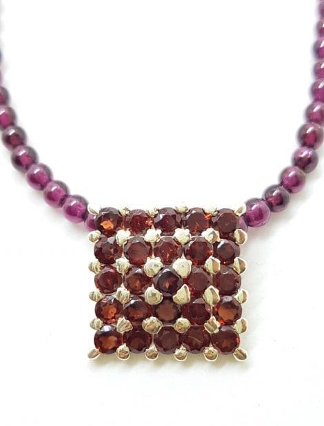 Sterling Silver Square Garnet Pendant on Garnet Bead Necklace