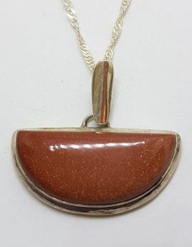 Sterling Silver Half Round Goldstone Pendant on Silver Chain