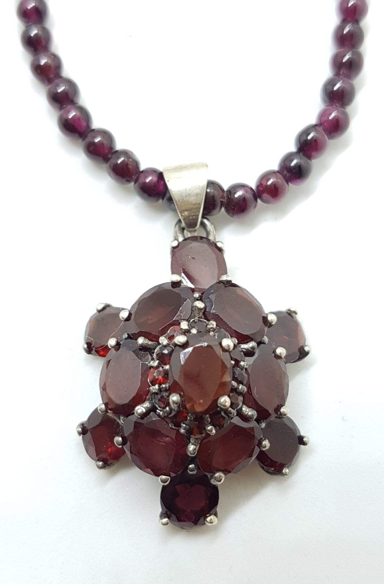 20200827_212505 Sterling Silver Large Garnet Cluster Pendant on Garnet Bead Necklace