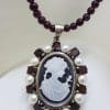 Sterling Silver Oval Lady Cameo with Pearl and Garnet Pendant on Garnet Bead Necklace