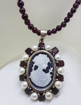 Sterling Silver Oval Lady Cameo with Pearl and Garnet Pendant on Garnet Bead Necklace