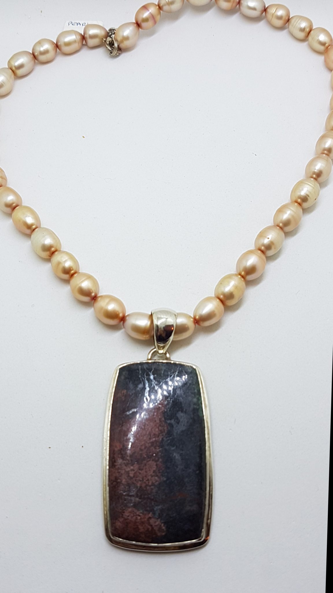 20200827_212641 Sterling Silver Large Rectangular Rhodonite Pendant on Pearl Chain / Necklace