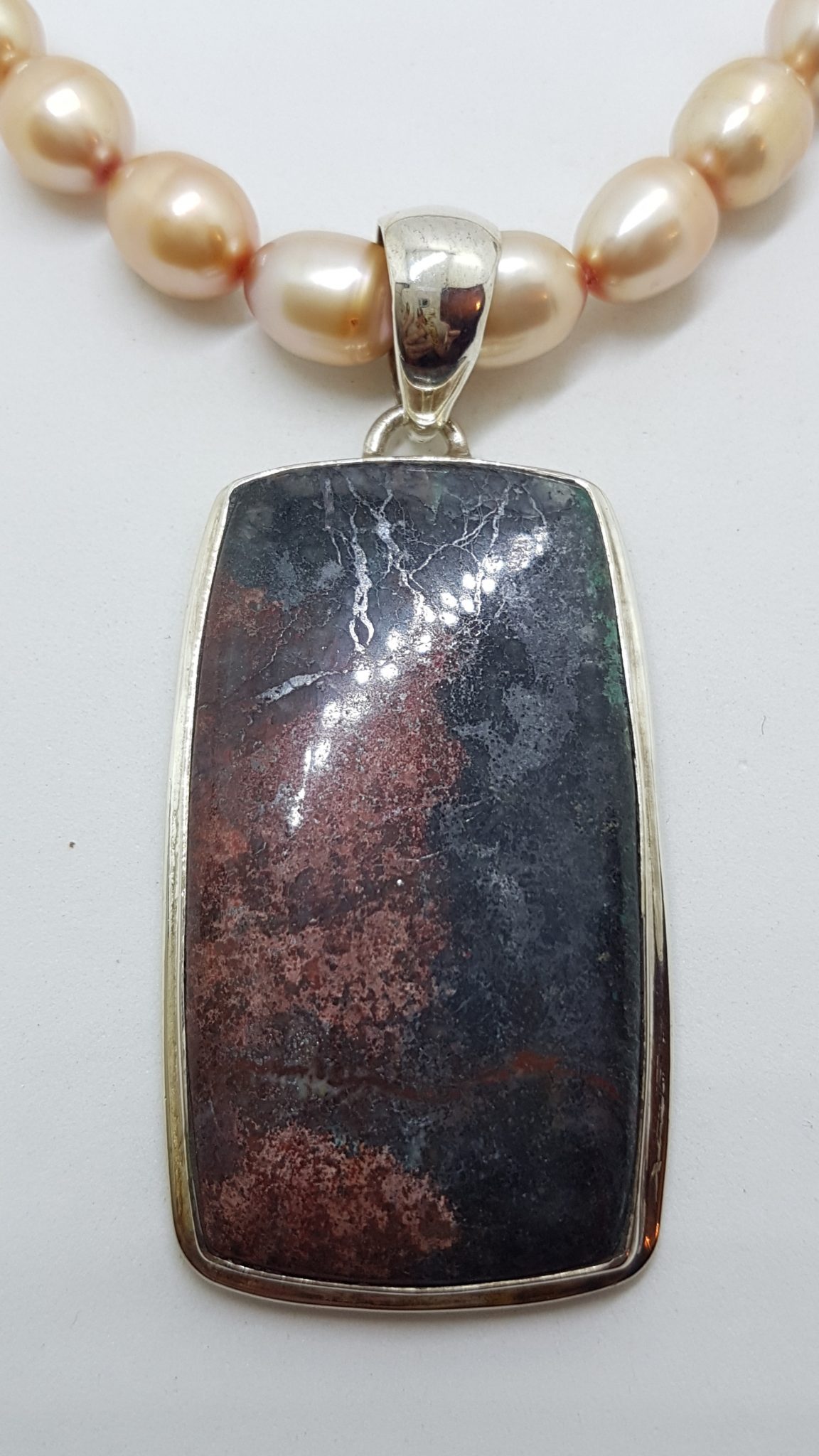 20200827_212656 Sterling Silver Large Rectangular Rhodonite Pendant on Pearl Chain / Necklace