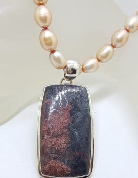 Sterling Silver Large Rectangular Rhodonite Pendant on Pearl Chain / Necklace