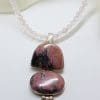 Sterling Silver Large Rhodonite Long Drop Pendant on Rose Quartz Bead Chain / Necklace