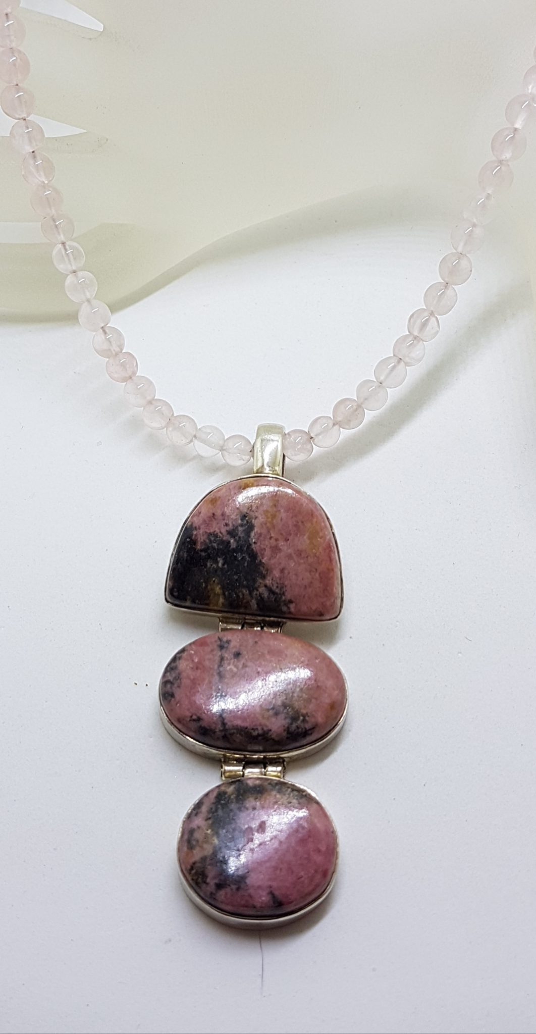 Sterling Silver Large Rhodonite Long Drop Pendant on Rose Quartz Bead Chain / Necklace