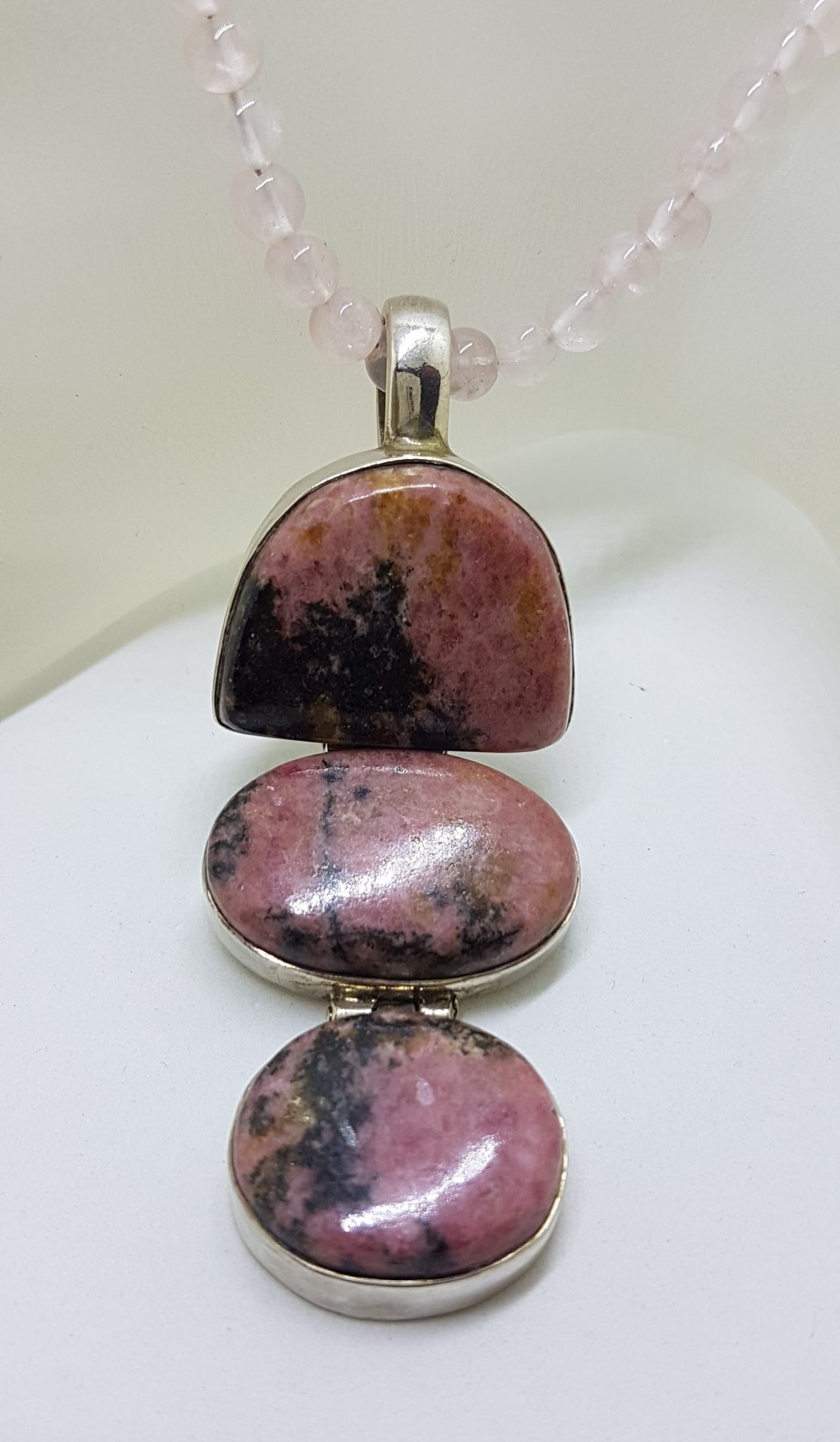 Sterling Silver Large Rhodonite Long Drop Pendant on Rose Quartz Bead Chain / Necklace