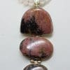 Sterling Silver Large Rhodonite Long Drop Pendant on Rose Quartz Bead Chain / Necklace