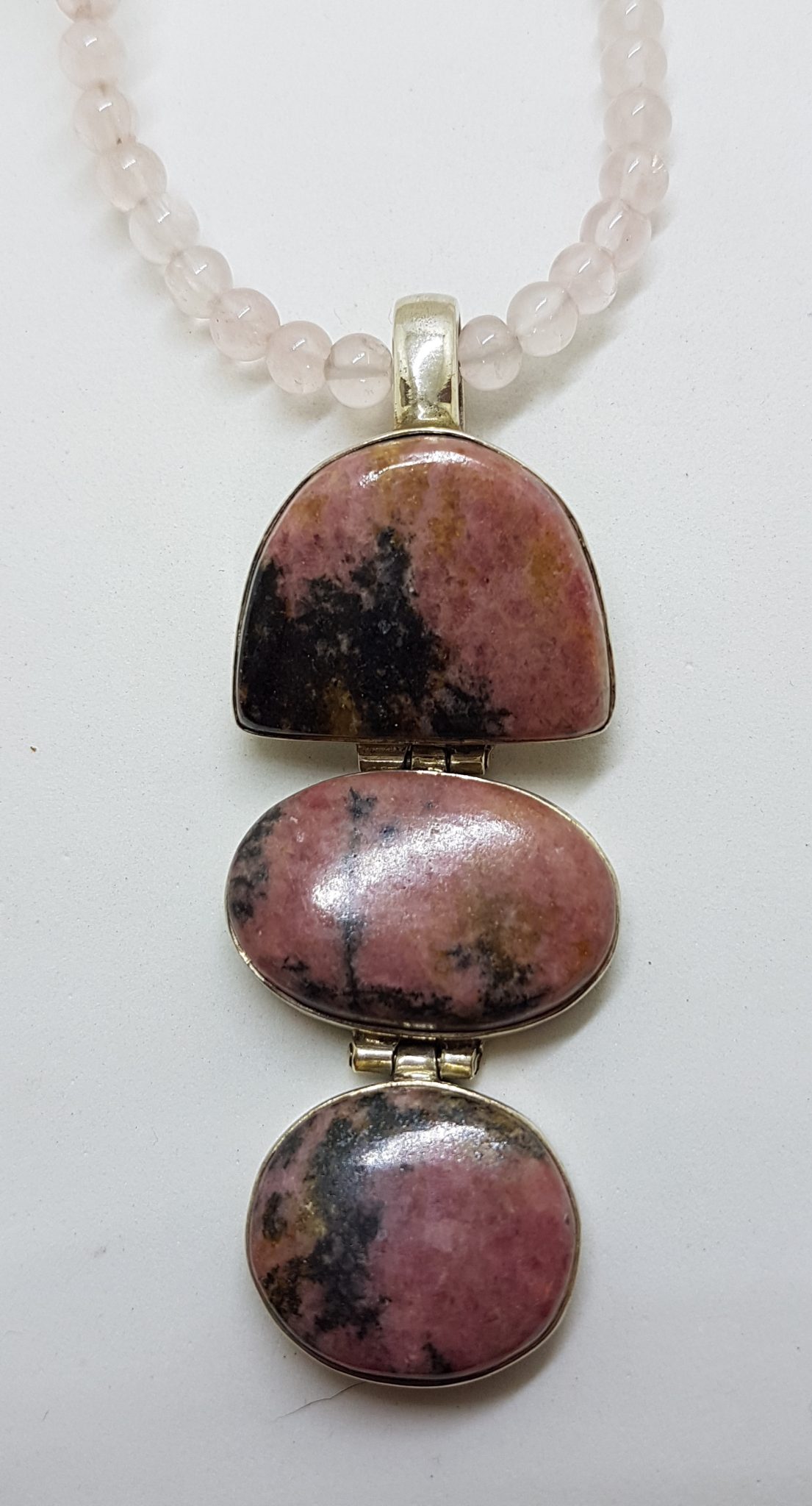 Sterling Silver Large Rhodonite Long Drop Pendant on Rose Quartz Bead Chain / Necklace