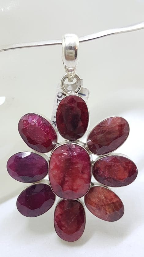 Sterling Silver Large Flower Ruby Cluster Pendant on Sterling Silver Choker Necklace
