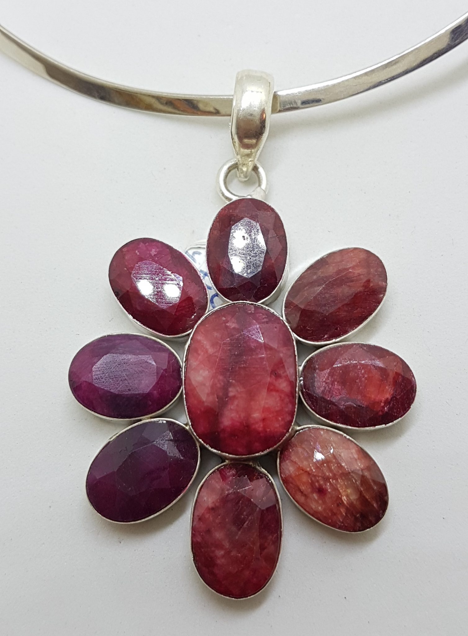 Sterling Silver Large Flower Ruby Cluster Pendant on Sterling Silver Choker Necklace