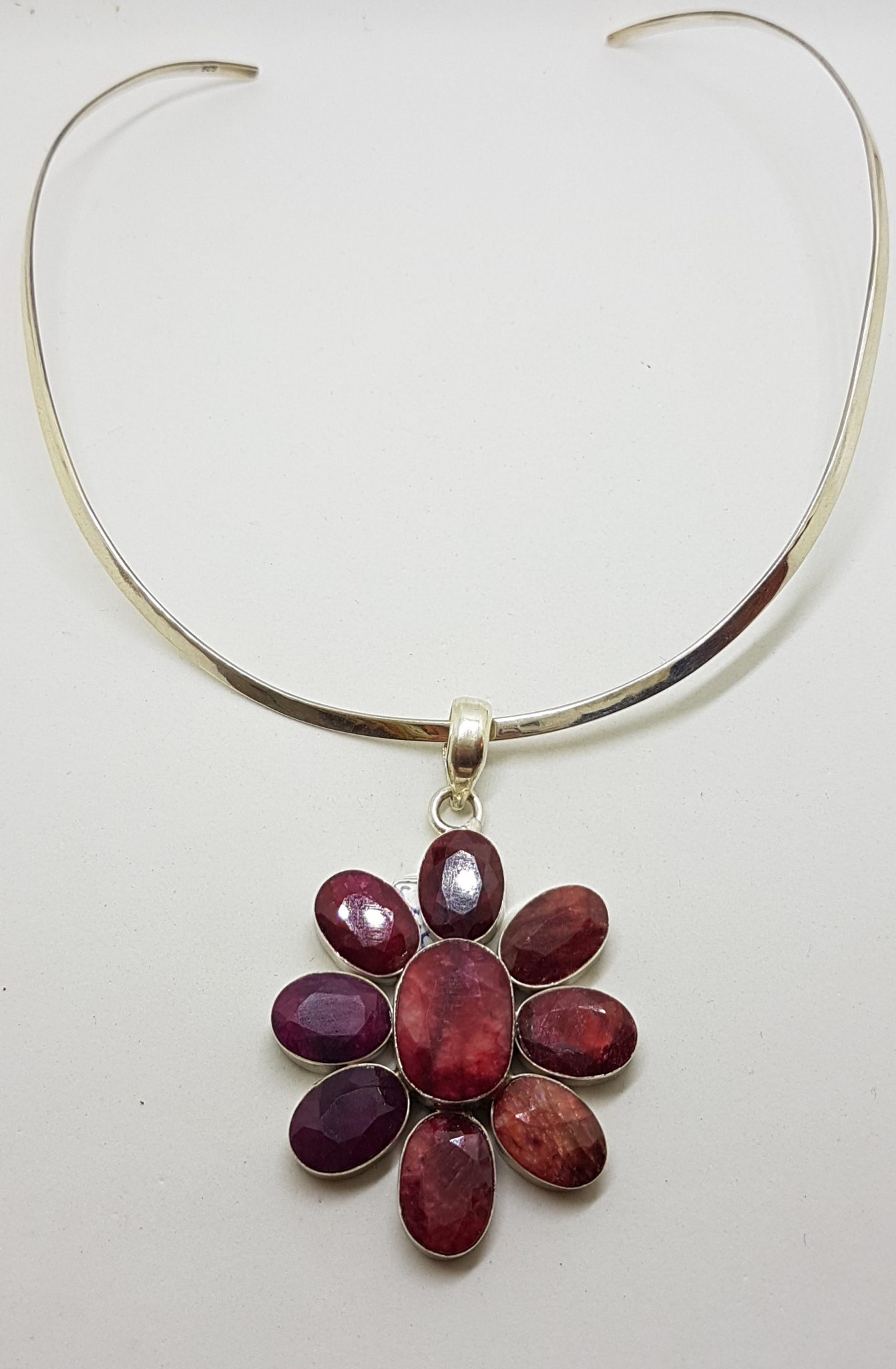Sterling Silver Large Flower Ruby Cluster Pendant on Sterling Silver Choker Necklace