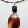 Sterling Silver Agate and Onyx Pendant on Silver Choker Chain / Necklace