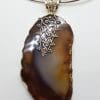 Sterling Silver Very Large Agate with Ornate Filigree Top Pendant on Silver Choker Chain / Necklace