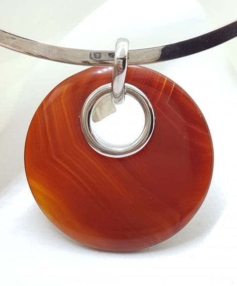 Sterling Silver Large Round Carnelian Pendant on Silver Choker Chain / Necklace