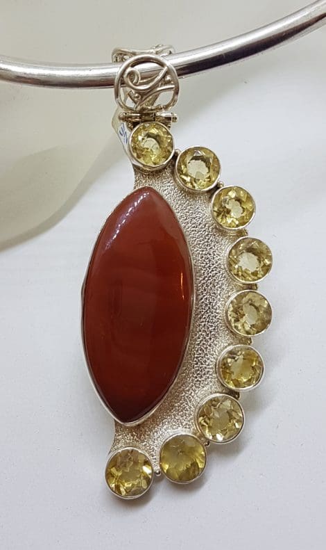 Sterling Silver Very Large and Long Marquis Shape Carnelian with Citrine Pendant on Silver Choker Chain / Necklace