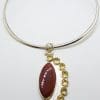 Sterling Silver Very Large and Long Marquis Shape Carnelian with Citrine Pendant on Silver Choker Chain / Necklace