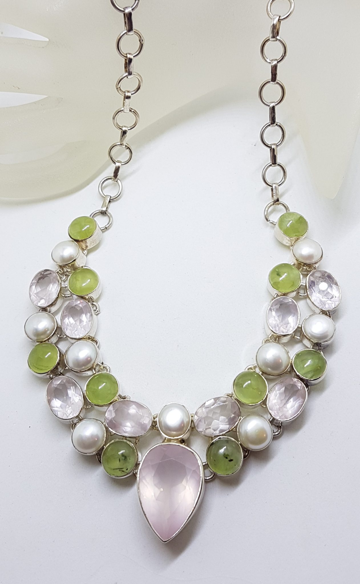 Sterling Silver Large Cluster Rose Quartz, Prehnite and Pearl Collier Necklace / Chain