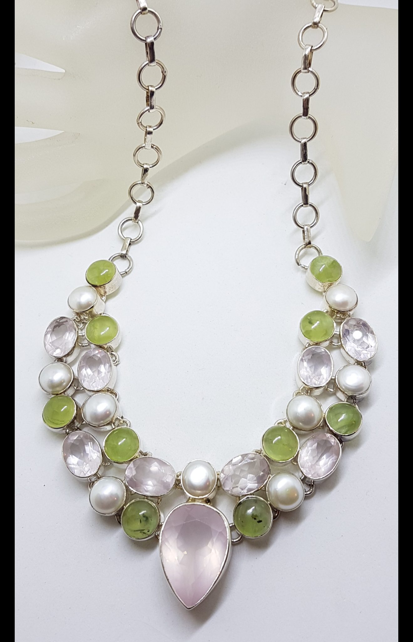 Sterling Silver Large Cluster Rose Quartz, Prehnite and Pearl Collier Necklace / Chain