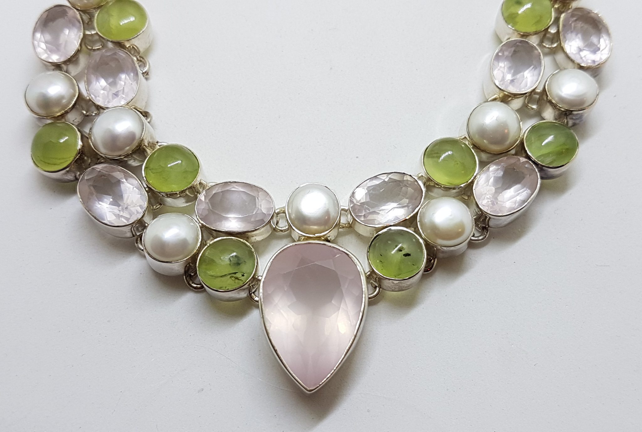 Sterling Silver Large Cluster Rose Quartz, Prehnite and Pearl Collier Necklace / Chain
