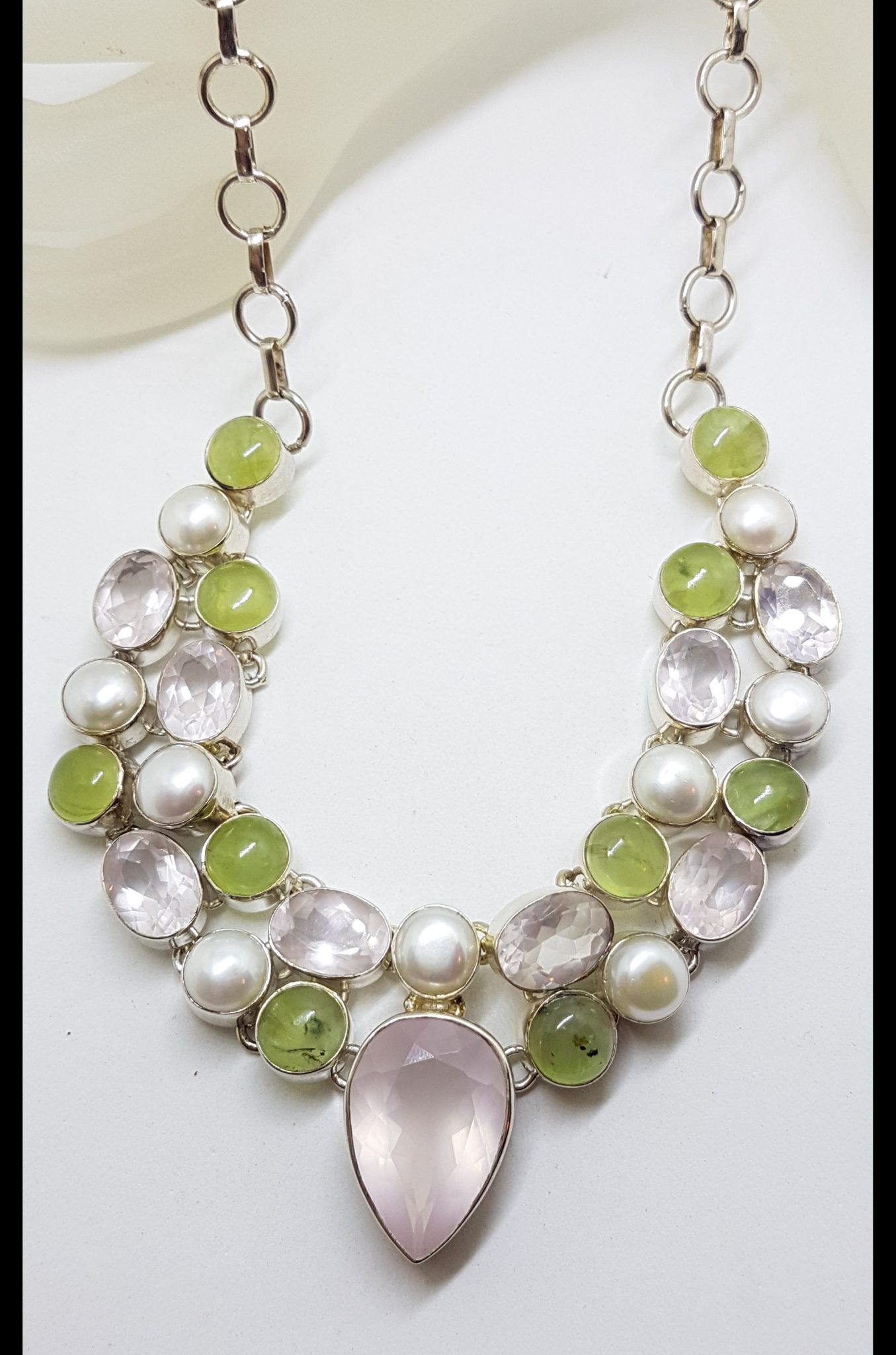 Sterling Silver Large Cluster Rose Quartz, Prehnite and Pearl Collier Necklace / Chain