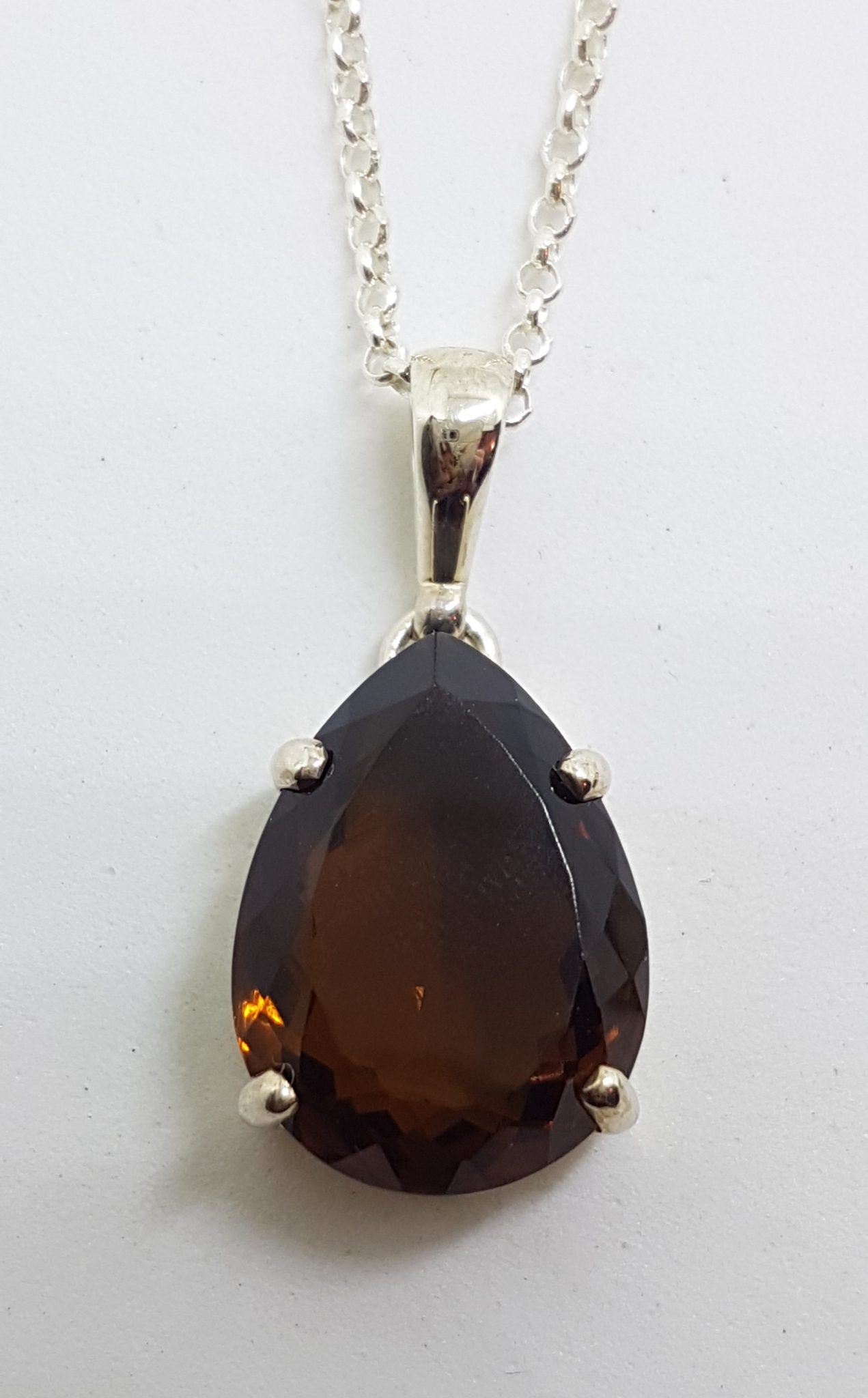 Sterling Silver Claw Set Teardrop Pear Shape Smokey Quartz Pendant on Silver Chain