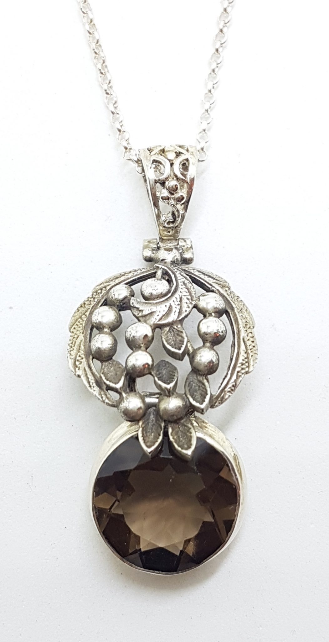 20200828_115250 Sterling Silver Round Smokey Quartz in Ornate Leaf Wattle Design Pendant on Silver Chain
