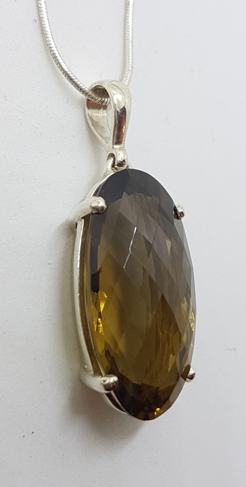 Sterling Silver Claw Set Oval Smokey Quartz Pendant on Silver Chain