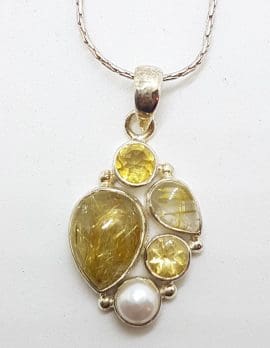 Sterling Silver Citrine, Rutilated Quartz and Pearl Pendant on Chain