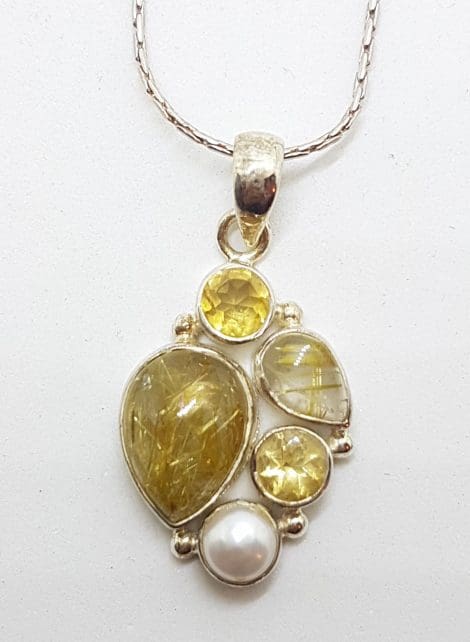 Sterling Silver Citrine, Rutilated Quartz and Pearl Pendant on Chain