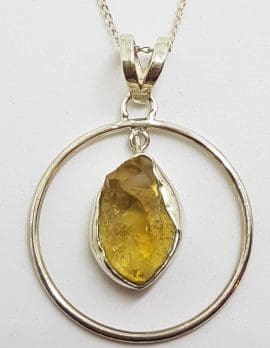 Sterling Silver Rough Citrine in Large Round Circle Pendant on Silver Chain