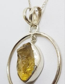 Sterling Silver Rough Citrine in Large Round Circle Pendant on Silver Chain