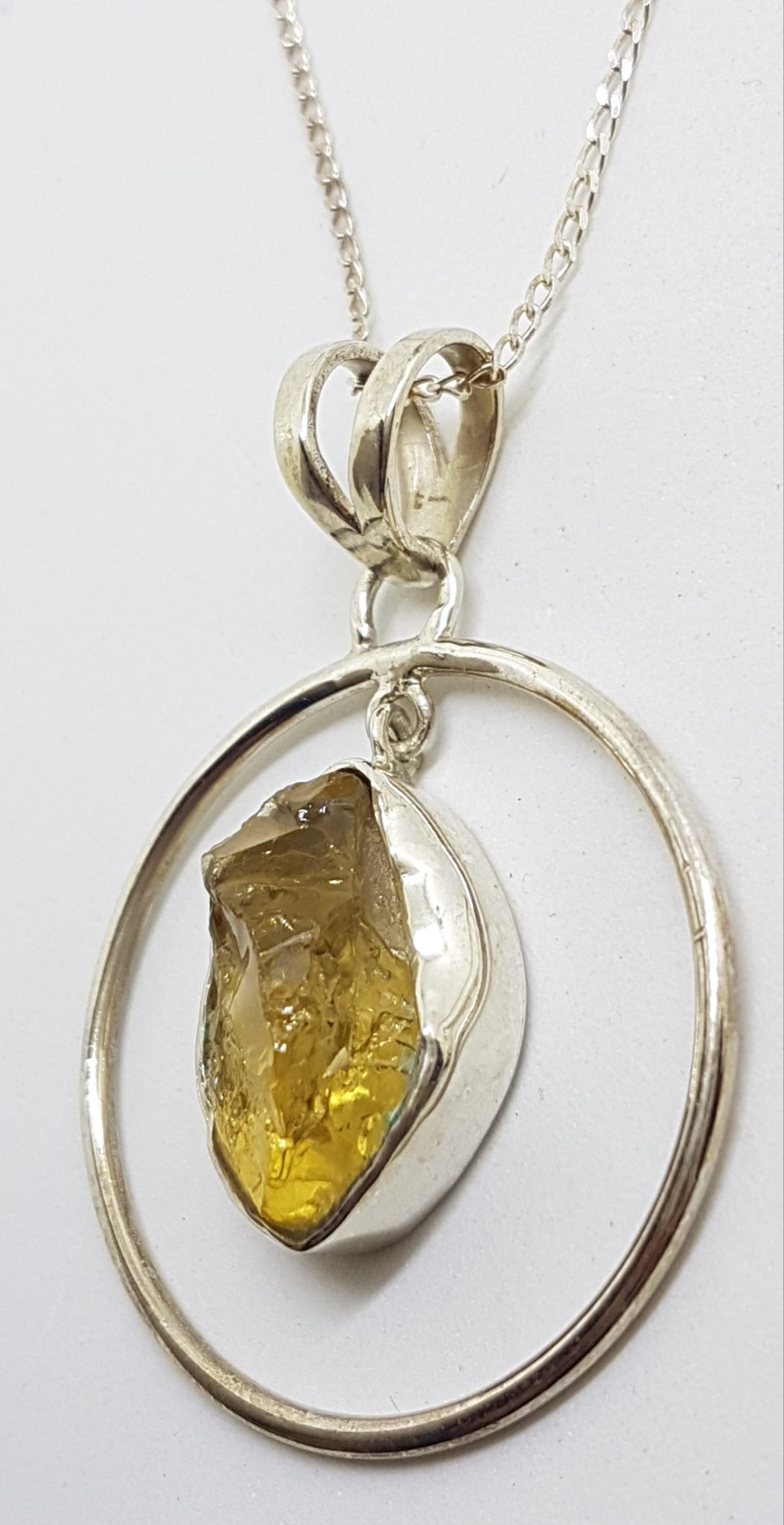 20200828_115558 Sterling Silver Rough Citrine in Large Round Circle Pendant on Silver Chain