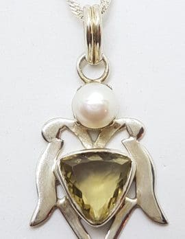 Sterling Silver Citrine and Pearl Ornate Large Pendant on Silver Chain