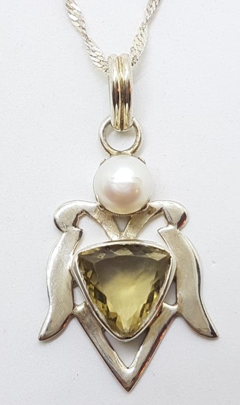 Sterling Silver Citrine and Pearl Ornate Large Pendant on Silver Chain