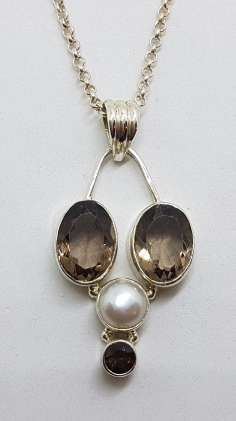 Sterling Silver Smokey Quartz and Pearl Pendant on Silver Chain