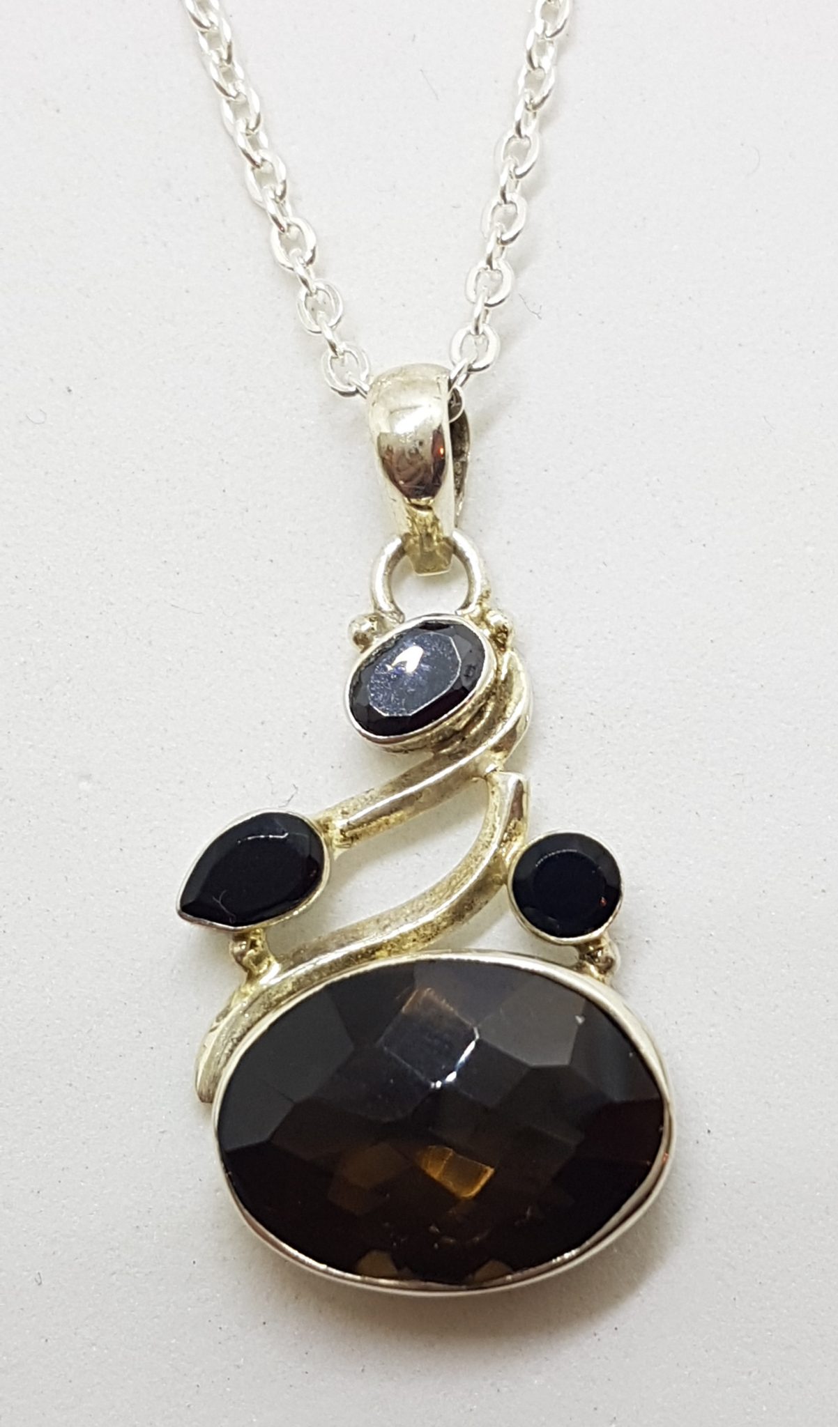 Sterling Silver Oval Smokey Quartz and Onyx Ornate Pendant on Silver Chain