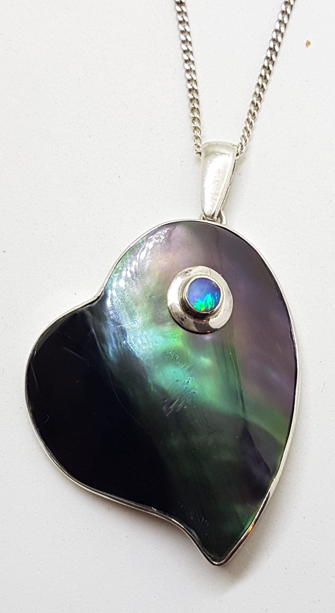 Sterling Silver Large Paua Shell and Opal Heart Pendant on Silver Chain