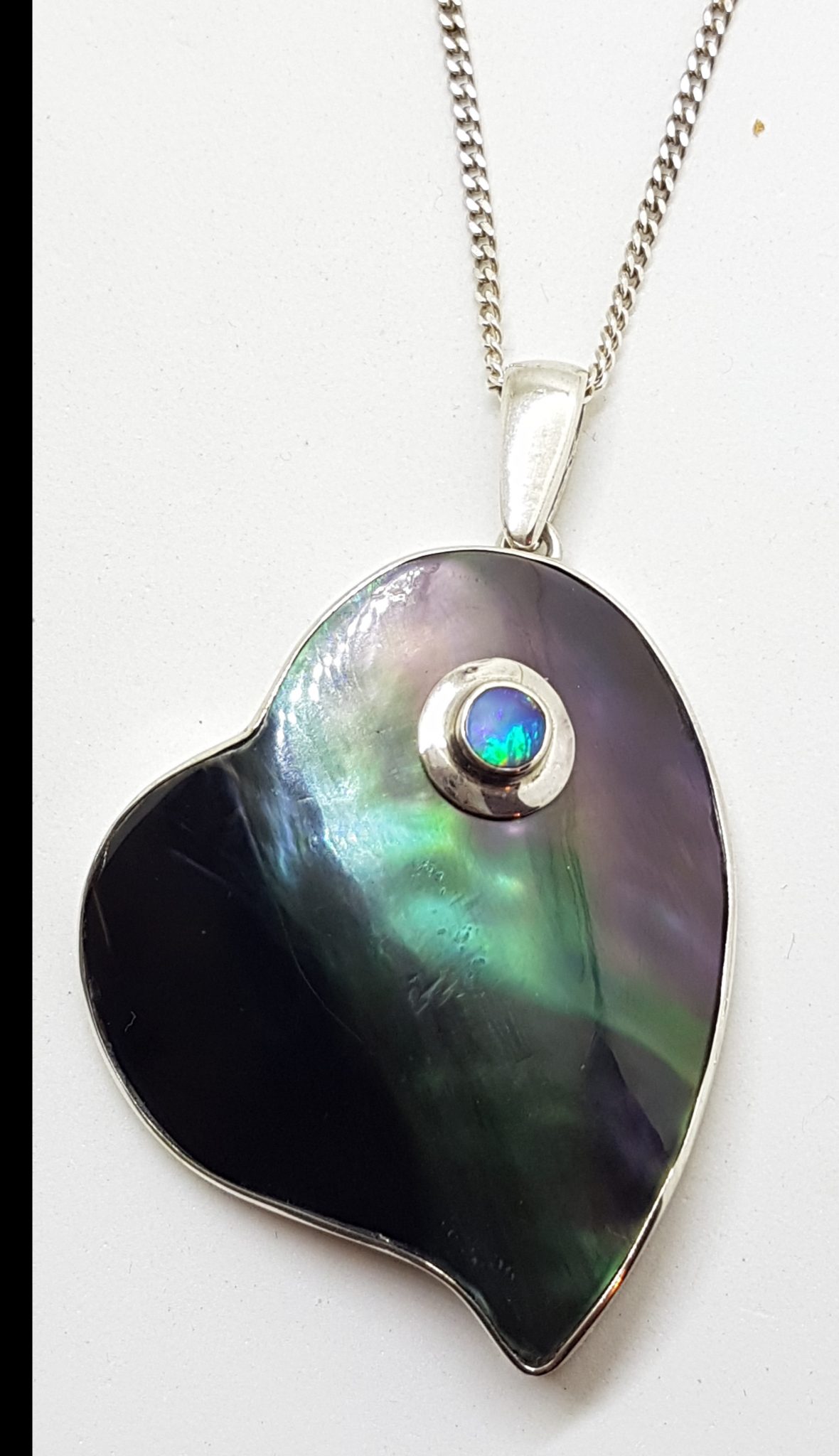 Sterling Silver Large Paua Shell and Opal Heart Pendant on Silver Chain
