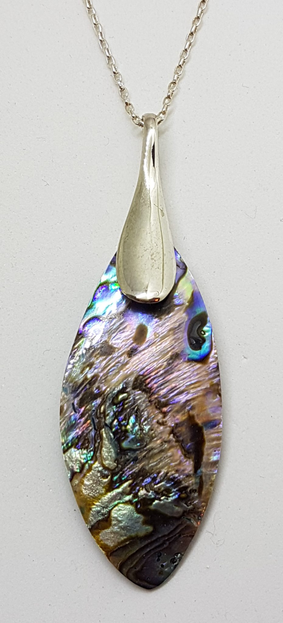 Sterling Silver Long Paua Shell Pendant on Silver Chain