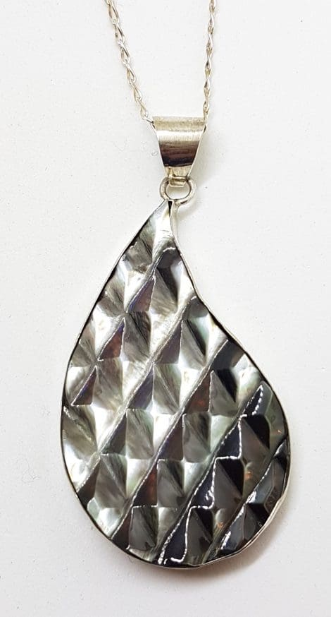 Sterling Silver Large Carved Black Mother of Pearl Pendant on Silver Chain