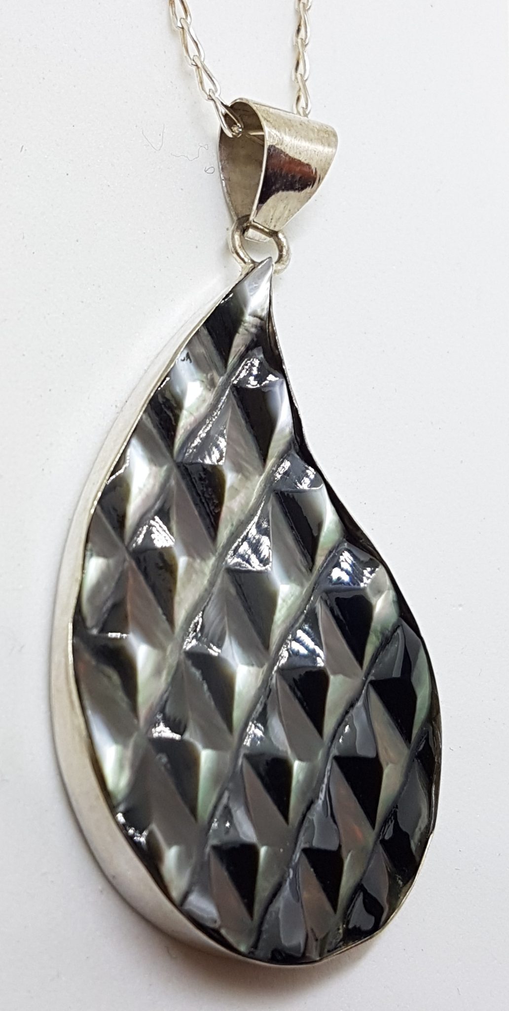 Sterling Silver Large Carved Black Mother of Pearl Pendant on Silver Chain