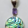 Sterling Silver Round Paua Shell with Amethyst Pendant on Silver Chain