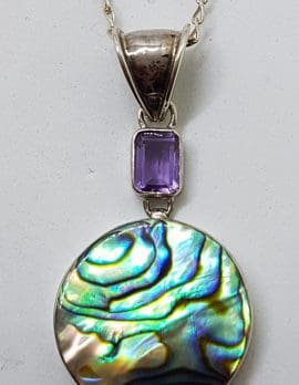 Sterling Silver Round Paua Shell with Amethyst Pendant on Silver Chain