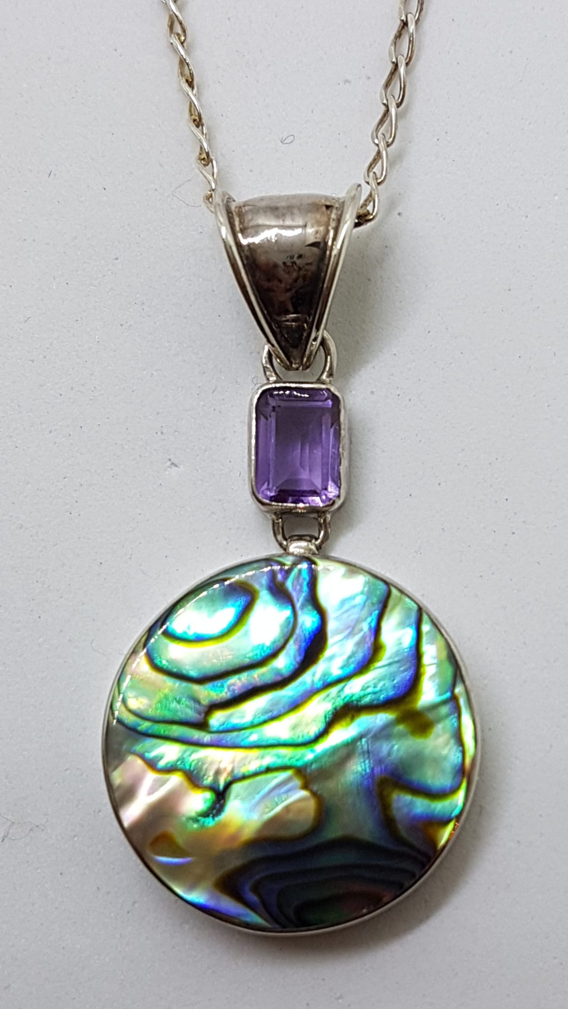 Sterling Silver Round Paua Shell with Amethyst Pendant on Silver Chain